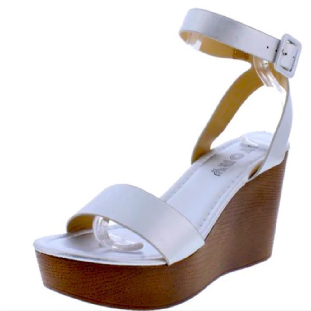 Metallic Silver Vegan Leather Open Toe Ankle Wrap Wedge Heel Sandals